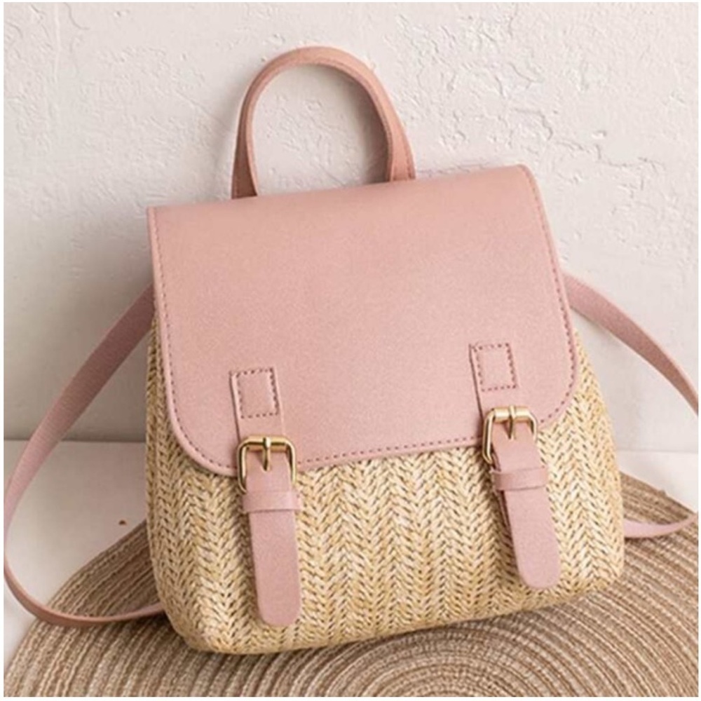 Boho Vegan Leather Straw Mini Backpack Pink